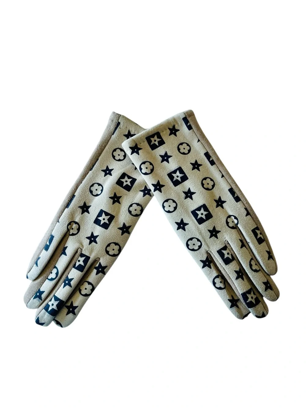 New Women’s M/L Beige Monogram Print Stretch Gloves Soft Touch Winter